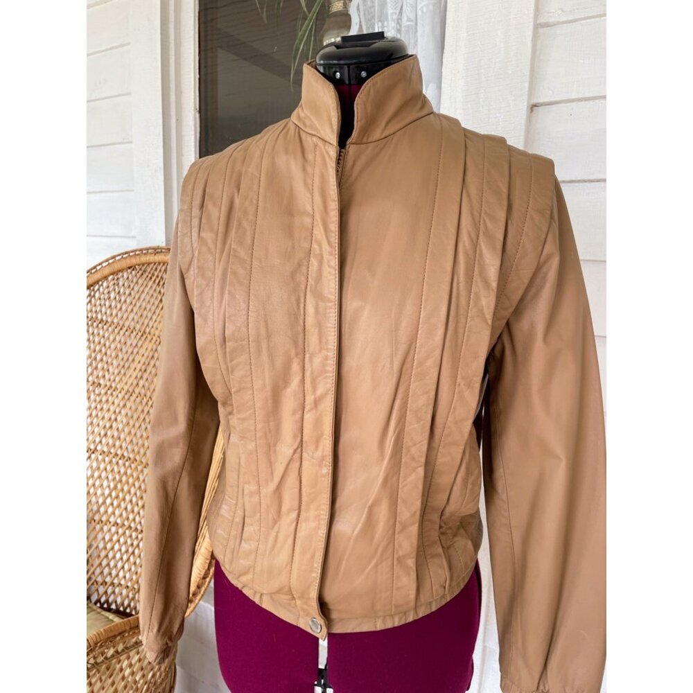 Vintage 1980s Sara International Womens Leather Tan Jacket Size 8 - Picture 1 of 16